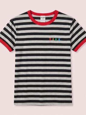 PINK by Victoria's Secret Striped Ringer Tee Colorful Logo Short Sleeve T-Shirt